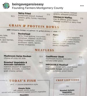 Please make sure to ask what is VEGAN. Mostly vegetarian options here.  at Founding Farmers in Potomac