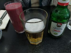 Smoothie (banana, beetroot and cardamom) and acohol free beer at Velicious in Strasbourg