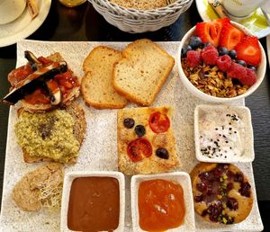 Mixed brunch - sweet and salty.  Together with coffee and banana smoothie at Velicious in Strasbourg