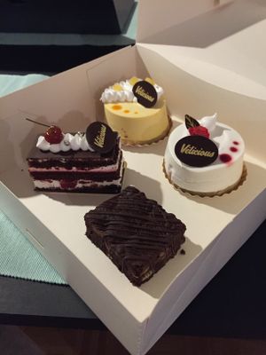 brownie, black forest cake, mango & passionfruit mousse, raspberry & litchi mousse  at Velicious in Strasbourg