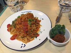 Omnipork - spaghetti bolognese and free tester of veg meatball at Green Common Kind Kitchen - Nan Fung Place in Hong Kong Island