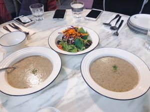 Mushroom soup and fresh salad. Healthy! at Green Common Kind Kitchen - Nan Fung Place in Hong Kong Island