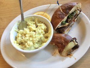 BBQ Village Burger with Potato Salad at The Tin Thistle Garden Cafe in North Bend