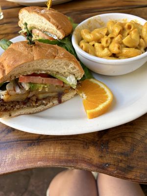  🍔 + mac   at The Tin Thistle Garden Cafe in North Bend