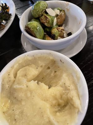 Garlic mashed, a must have. Brussels perfectly cooked  at The Tin Thistle Garden Cafe in North Bend