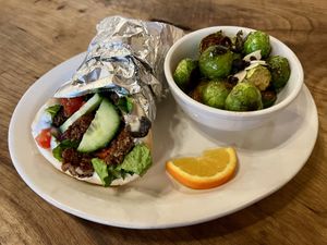gyro special with roasted brussel sprouts.  at The Tin Thistle Garden Cafe in North Bend