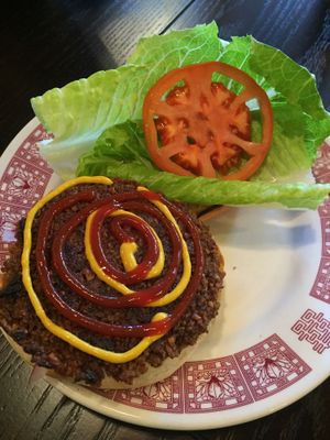 House-made vegan burger at The Tin Thistle Garden Cafe in North Bend