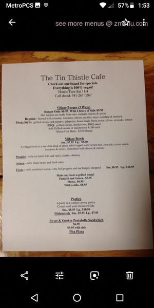 Delicious menu at The Tin Thistle Garden Cafe in North Bend