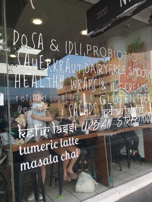 Signage on window showing healthy probiotics at Nalinis Wholesome Streetfood - Bondi Junction in Bondi Junction