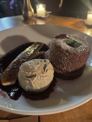 Chocolate lava cake, ice cream and fried banana   at Avant Garden in New York City