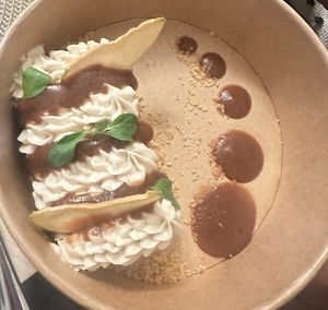 Almond cake dessert - beautiful plating even to-go!  at Avant Garden in New York City