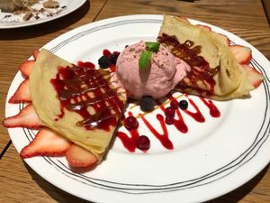 Strawberries crepes with strawberry nice cream!! Highly recommend for people with sweet tooth. at Kaya Kaya Cafe in Taipei
