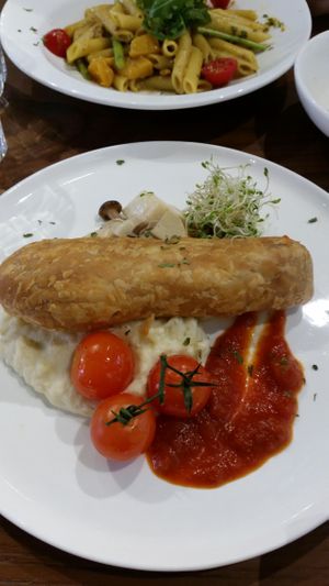 Vegetarian sausage in pastry and mash at OVOCafe - Central in Hong Kong Island