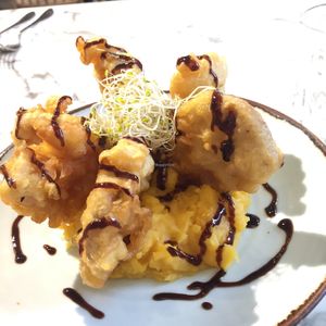 Lotus crisps with sweet potato purée and balsamic vinegar at OVOCafe - Central in Hong Kong Island