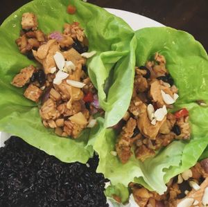 All vegan entree of the day: tempeh Thai lettuce wraps with coconut forbidden rice and fresh pineapple! Only $15 at Real Raw Organics in Ocean City
