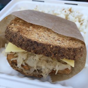Vegan tempeh Rueben with chao vegan cheese at Real Raw Organics in Ocean City