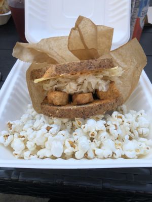 Rueben with a side of popcorn  at Real Raw Organics in Ocean City