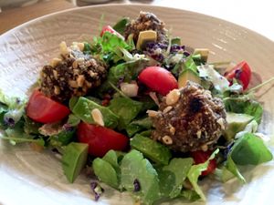 raw salad with crunchy balls at Vegan Gorilla in Nice