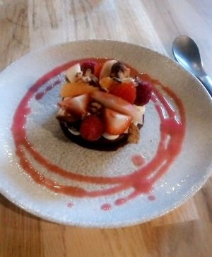 Chocolate cake w fruit at Vegan Gorilla in Nice