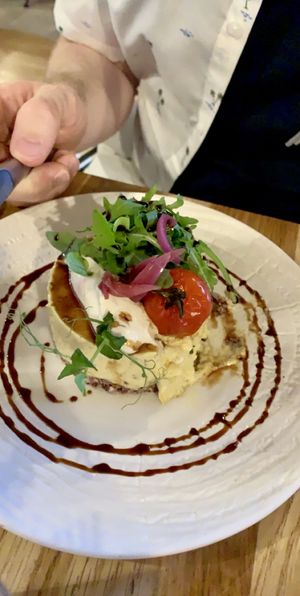 Red pepper cheesecake for starter. at Vegan Gorilla in Nice