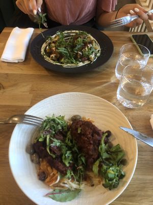 their sweet potato spaghetti and roasted potato “like a tart” dishes. Both 16€50 at Vegan Gorilla in Nice