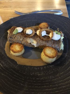 Buckwheat crepe with potato scallops and gravy at Vegan Gorilla in Nice