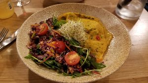 Amazing vegetables in omelet with pomegranate salad at Vegan Gorilla in Nice