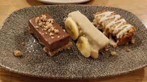 Hazelnut chocolate, banana desert, and banana cake at Vegan Gorilla in Nice