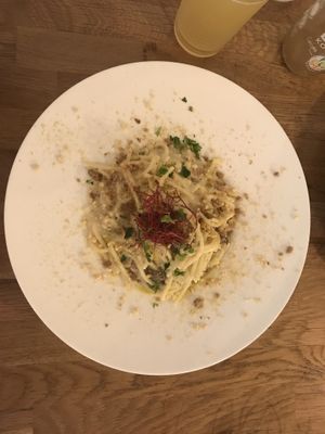 Spaghetti with mushroom sauce and crumble topping at Vegan Gorilla in Nice