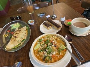 Vegan pad Thai, quesadilla, biscotti, mocha, black orange mint tea and a chocolate chip cookie. Delicious! at Annapurna's World Vegetarian Cafe - UNM in Albuquerque