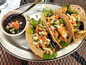 cauliflower tacos (vegan) - these are FIRE at Annapurna's World Vegetarian Cafe - UNM in Albuquerque