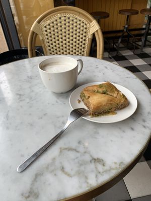 Baklava with cappuccino  at Mango Vegan Street Food - Powisle in Warsaw
