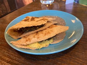 Rice tortilla with crispy vegetables and hummus  at Eat Well Canteen 慧食堂 in New Territories