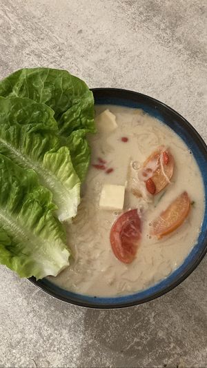 Vegan fish head vermicelli soup. Flavorful. Also comes with fried mushrooms and eggplant, forgot to put it on the plate when I took the picture    at Idealite - Egate in Penang