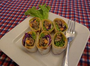Veganised Wrap with Mock Meat appetizer. Pretty tasty. at Book Cafe - Hamilton in Penang