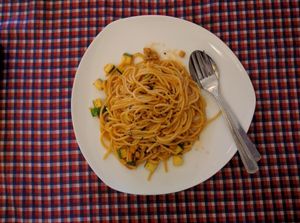 Spaghetti Bolognese with cucumbers and mock meat chunks. The sauce just tasted of tomato ketchup. at Book Cafe - Hamilton in Penang