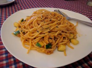 Spaghetti Bolognese with cucumbers and mock meat chunks. The sauce just tasted of tomato ketchup. at Book Cafe - Hamilton in Penang