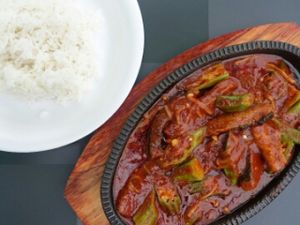 Sambal fish rice on hot plate at Fortune Tree Vegetarian Food Stall in Central Singapore