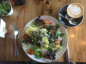 Vegan Hash Benedict with oat latte. Fresh, lots of textures and flavours at V Series in Kew