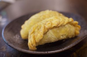 Curry puffs 
(there should be 3 but someone pinched one before I could take a photo) at Vegeme in South Brisbane