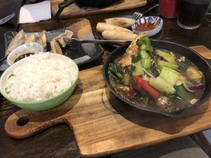 Beancurd wallet and veggies with rice  at Vegeme in South Brisbane