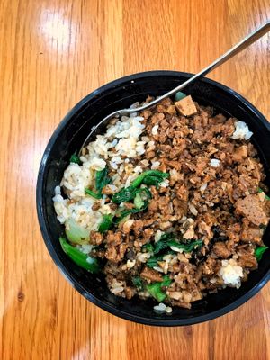 Rice with bean sauce (includes soy meat) - one of my favourites  at Vegeme in South Brisbane