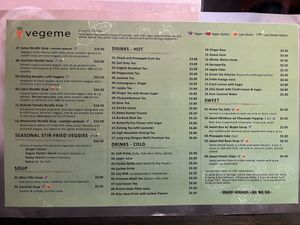 Menu  at Vegeme in South Brisbane