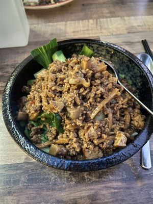 Noodles with bean sauce  at Vegeme in South Brisbane