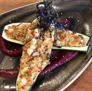 Menu Special: Stuffed zucchini w potato, tomato, onion, quinoa & beetroot sauce at Vegeme in South Brisbane
