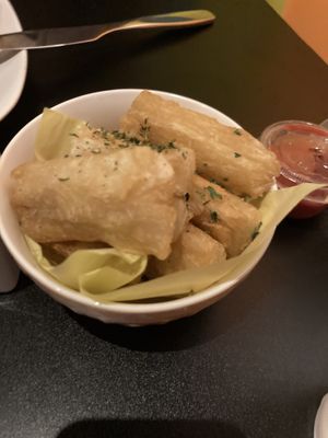 Yucca (note it is cooked in a shared fryer, skip the huancaina sauce which has dairy in it)  at Mouthful Eatery in Thousand Oaks