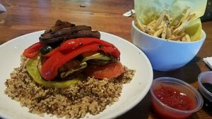 veggie quinoa bowl, no mushroom. And a side of shoe string fries at Mouthful Eatery in Thousand Oaks