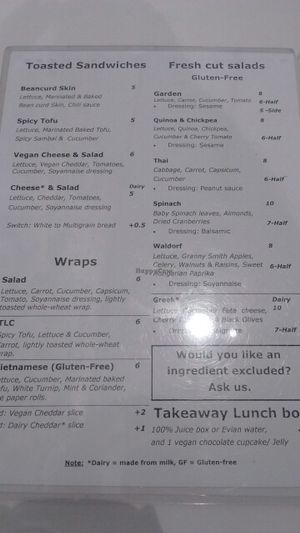 Menu at Peace Cafe in Central Singapore