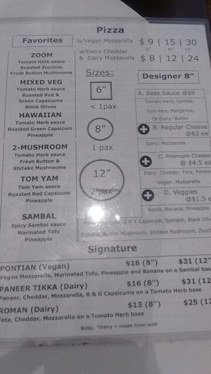 Menu at Peace Cafe in Central Singapore