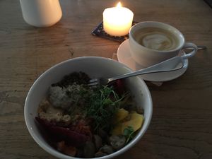 Buddha bowl and oat milk coffee.  at No. 1 Harbourside in Bristol